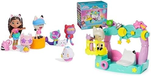 Spin Master Gabby's Dollhouse Travel Figure Set with 5 Cat Toy Figures & Pandy Paws Dreamy Balcony 8-Piece Playset Bundle, Kids Toys for Ages 3+