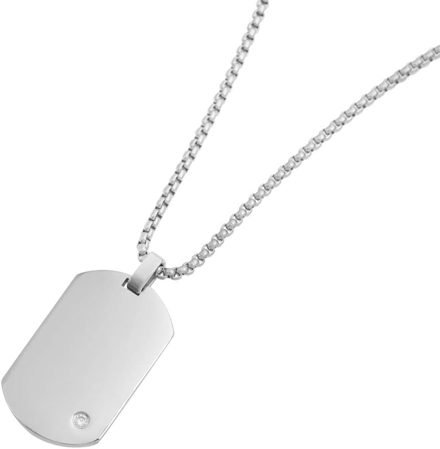 Geoffrey Beene Men's Engraving-Stainless Steel Dog Tag Pendant Necklace with Cubic Zirconia Stone