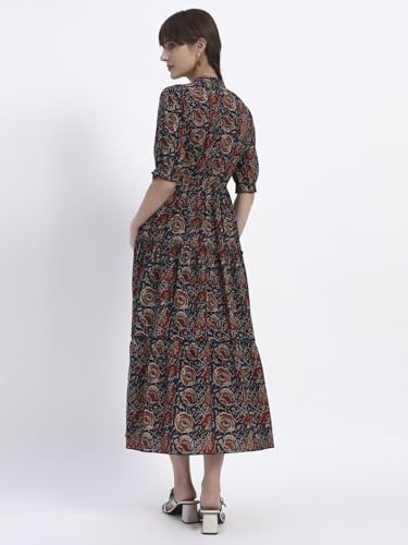 Image of Women's Fit and Flare Dress I Pure Cotton Long Summer Maxi Dress I V-Neck I Casual Wear I Printed Kalamkari Floral Middi