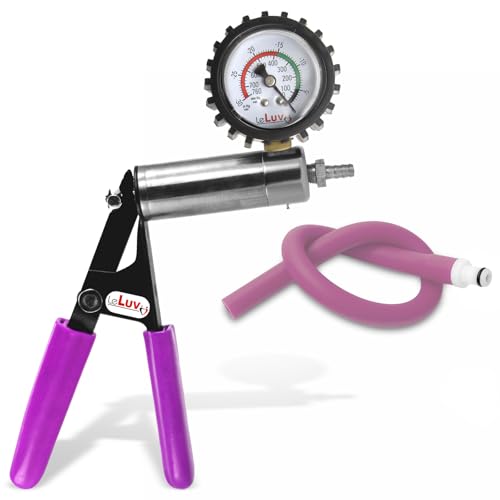 LeLuv Ultima Purple Vacuum Pump - Aluminum Alloy Silver Handle Manual Hand Vacuum (0-30 Hg, 0-760 mmHg), Gauge Installed with Protective Rubber Cover, Rubber Padded Grips with Silicone Hose &amp; Fitting