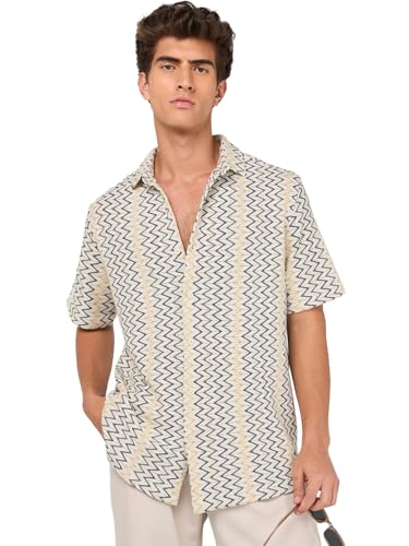 Chemise en dentelle homme blanc cassé à demi-manches textures