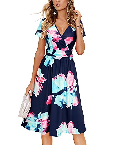 Image of Newshows Women's Pockets Wrap V Neck Floral Summer Vacation Casual Sundress | Wrinkle Free, Stretchy, Summer Beach Floral Sundress 2026, Casual Dress for Vacation, Guaduation, Side Pockets, A-line