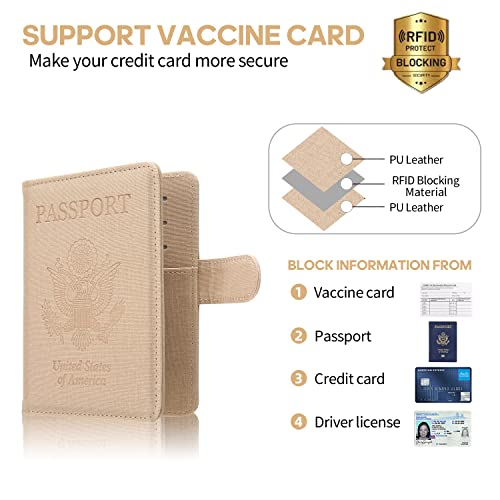 Mcmolis Passport And Vaccine Card Holder Combo,Rfid Blocking Leather Cover Case Travel Documents Organizer Protector With Cdc Vaccination Card Slot And Magnetic Buckle-Fabric Tan #TOP2