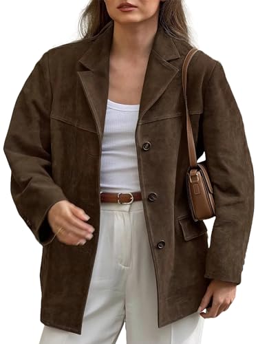 Vintage Suede Brown Blazer Jackets for Women - Oversized Fall Winter Outerwear