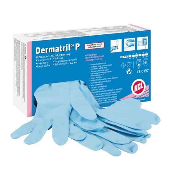 Guantes Nitrilo 29cm EN388 EN374-JKLOPT Azul Dermatril, estuche 50 GP743