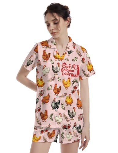 Image of Funny Pajamas for Women Set Print Satin Loungewear Pjs Short Sleeve Button Down Top and Shorts Sets Sleepwear XS-3XL