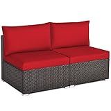 COSTWAY 2PCS PE Rattan Armless Sofa, Wicker Patio Conversation Set Chairs with Soft Cushion, Outdoor Sectional Furniture for Yard, Poolside (Red)