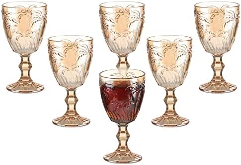 Vintage Wine Glasses Set of 6, 10 Ounce Colored Glass Water Goblets, Unique Embossed Pattern High Clear Stemmed Glassware Wedding Party Bar Drinking Cups 6 Pack Amber Coconut Tree