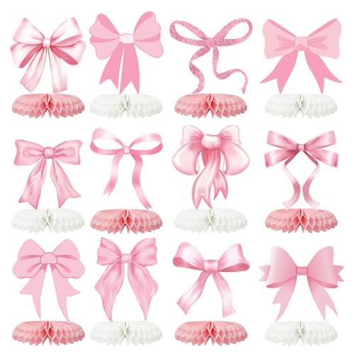 12 Pcs Pink Bow Party Decorations Honeycomb Centepieces 3D Coquette Birthday Table Decor Pink Bow Party Table Topper for Birthday Bachelorette Bridal Wedding Party Supplies