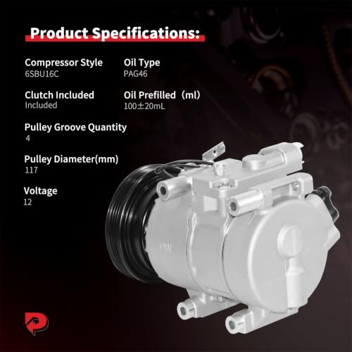 Image of PHOBOOS A /C compressor with Clutch Compatible with Kia Rio 1.6L 2006-2011, Rio5 1.6L 2006-2011, with 6SBU16C Compressor only, Fast Cooling, Low Noise, Easy Installation, Ref.98371