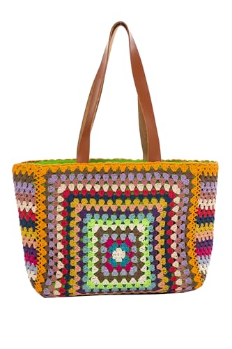 Back From Bali Womens 100% Cotton Hand Crochet Large Orange Tote Bag Fully Lined Zipper Closure Handbag