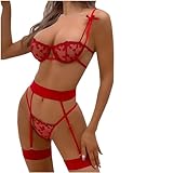 lingerie roleplay for women stuff under 5 dollars Lingerie Sets for Women 2 Piece See Through Floral Bra and Garter Belt Panty Tummy Control Naughty Sets Red M