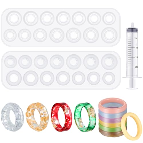 Mudder 2 Pieces Resin Silicone Ring Molds 14 Sizes Ring Circle Jewelry Casting Molds with Syringe in 20 ml for DIY Craft Making