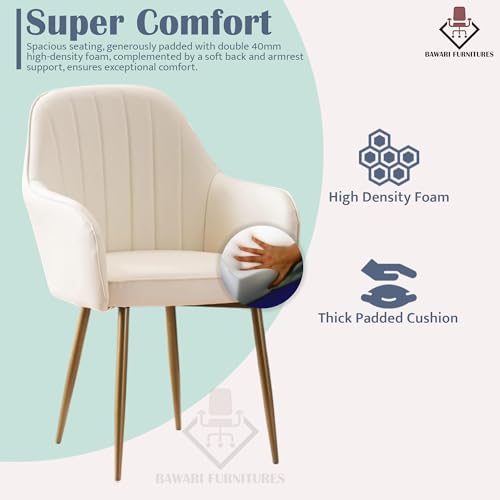 Image of Plush Dining Chair | Accent Chair for Living Room Bedroom Restuarant | Velvet Fabric & Thick Cushion Seat with Sturdy Glossy Metal Legs (Golden Legs, White)