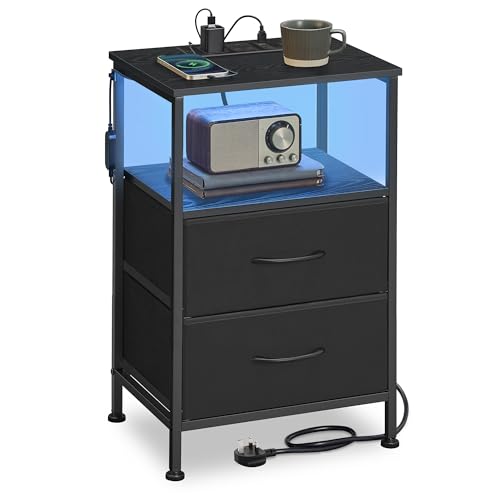 SONGMICS BELLAH Collection - Bedside Table with Charging Station, Side End Table with APP-Controlled Adjustable LED Lights, 1 Open Shelf and 2 Drawers, Bedroom, Ink Black and Ebony Black LGS302BH03