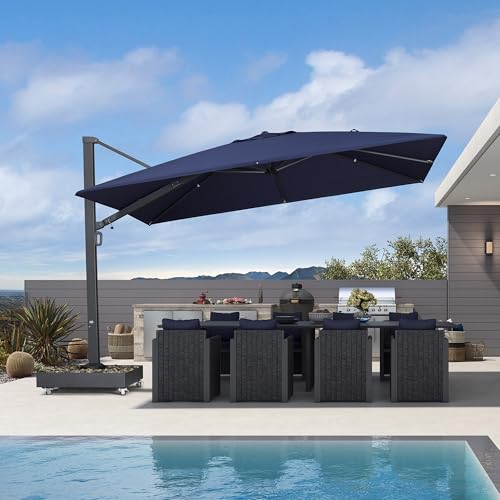 PURPLE LEAF 12' X 9' Space Saving Rectangle Patio Umbrella Large Outdoor Aluminum Offset Umbrella with 360-degree Rotation Cantilever Umbrella for Garden Deck Backyard Pool Navy Blue