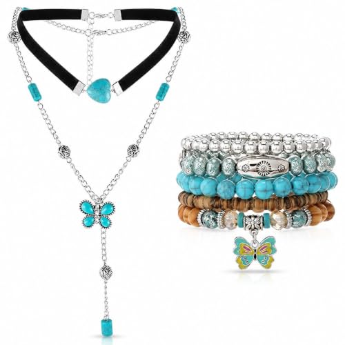 Long tiantian Boho Choker Necklaces Bracelet Earrings Set for Women Western Turquoise Bracelet Stack Boho Earring Country Concert Outfits Western Jewelry Set GIfts