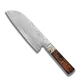 SANTOKU MANMOSU – nóż kucharski, nóż do mięsa i stal japońska VG-10 i 67 warstw stali damasceńskiej i rękojeść westernowa z Desert Iron Wood z kawałkiem krzesła wojskowego, ostrze 180 mm