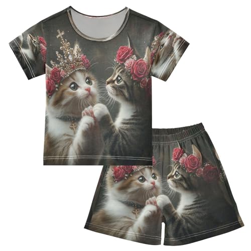 ALAZA Cat Rose Crown Pajamas Set Short Sleeve Cotton Sleepwear Summer Pjs 2 Piece 5-14Y