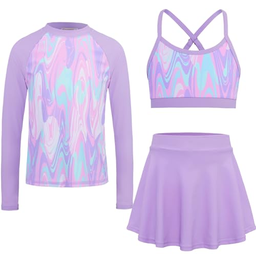 Image of Girls Swimsuit Long Sleeve Swim Shirt 3 Piece Rash Guard for Girls Bathing Suit with Boyshorts