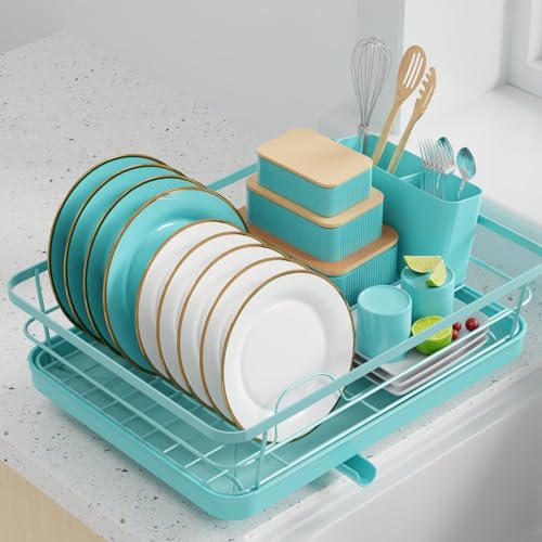 Sakugi Dish Drying Rack - Stainless Steel Dish Rack with Drainboard for Kitchen Counter and Sink, 12.0''W x 15.6''L, Blue