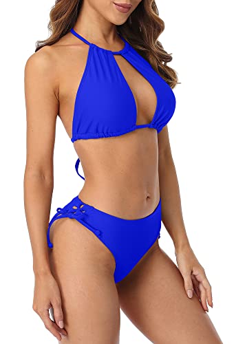 Beautyin Two Piece Bikini For Women High Neck Keyhole Bikini Halter Swimsuit Blue #TOP4
