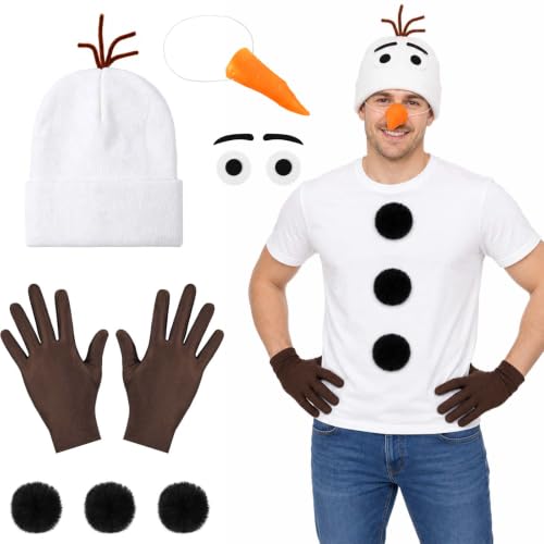 5 Pcs Snowman Costume Accessories White Beanie Eyebrow and Eye Felt Pieces Black Pompoms Carrot Nose Gloves Cartoon Animal Outfit for Hallween Party Dress up