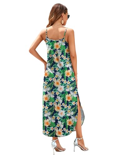 Image of HUSKARY Women's Summer Casual Sleeveless V Neck Strappy Split Loose Dress Beach Cover Up Long Cami Maxi Dresses with Pocket