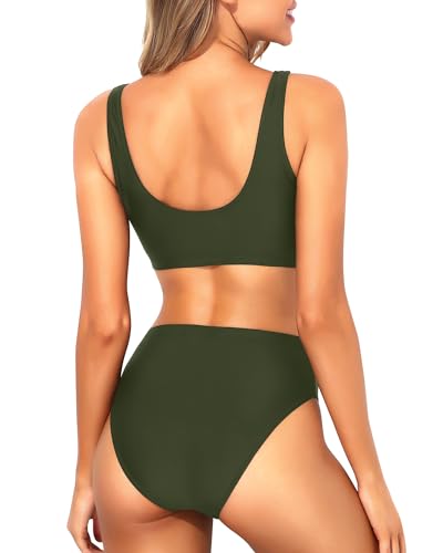 Image of Tempt Me Women Two Piece Scoop Neck Bikini Crop Top High Cut Swimsuit Sporty High Waisted Bathing Suit with Bottoms