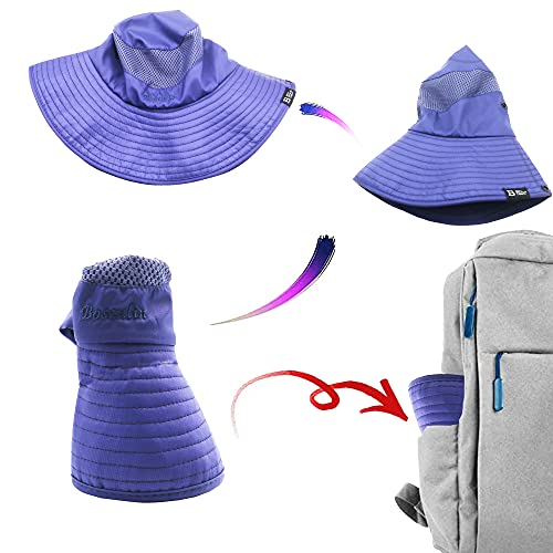 New Women Ponytail Outdoor Sun Protection Fishing Hats Wide Brim Bucket Cap Breathable Packable Hiking （Gray） (Blue) #TOP6