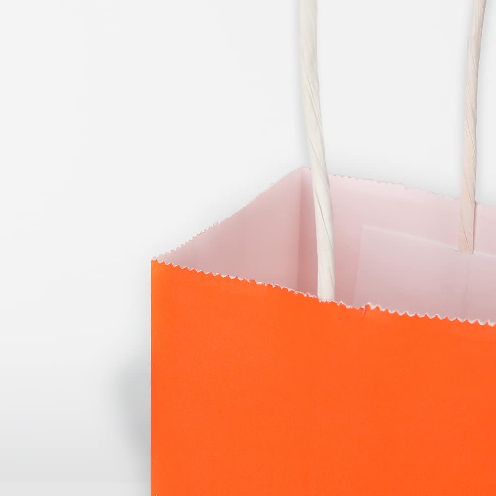 Oikss 100 Pack 5.25x3.25x8.25 Inch Small Orange Kraft Paper Bags with Handles Bulk for Birthday Wedding Party Favors Grocery Retail Shopping Business Goody Craft Gift Bags Cub Sacks (100pcs Count)