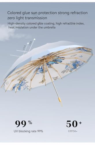 Meichoon UPF50+ UV Protection Umbrella Large 102cm/40in Stylish & Durable 16-Bone Windproof Compact Travel Retro Design Sun & Rain Parasol for Women with Wood Handle - Thumbnail 3