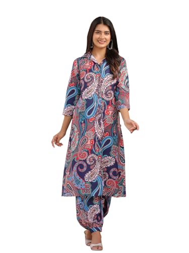 GRECIILOOKS Women’s Cotton Blend A-Line Ankle Length Dress (GL-W1800&TR856_Blue_L)