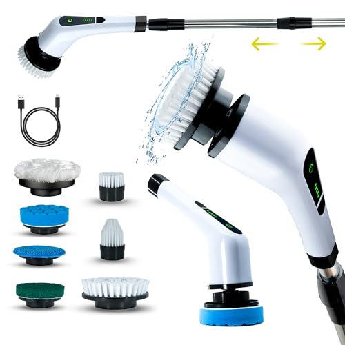 Image of Electric Spin Scrubber, Cordless with 7 Brush Heads, 2 Speeds, Extendable and Detachable Handle for Bathroom, Tile, Grout, Shower & Kitchen Cleaning - Durable ABS Build, Powerful and Lightweight.