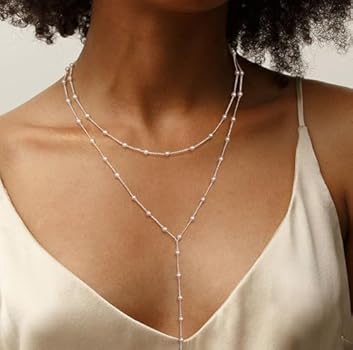 CASSIECA Gelaagde damesketting, zilver, Y-ketting, zilver, lange halskettingen voor vrouwen, trendy Lariat Y gevormde parelhanger, halskettingen, modesieraden voor dames, cadeau, 22 inches, Zilver