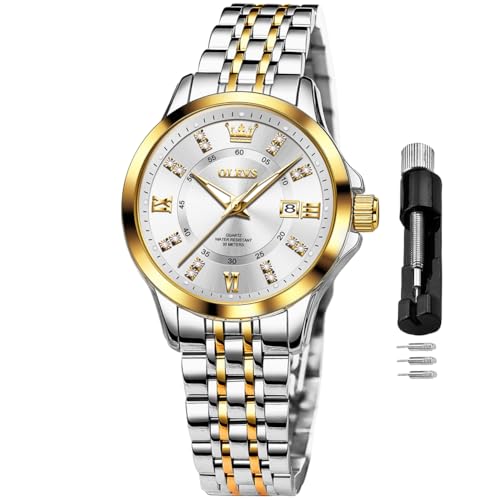 OLEVS Ladies Watches Silver Diamond Stainless Steel Waterproof Female Watch Two-Tone Watch for Woman Set Business Dress Lady Wrist Watch Women -  YPF-S-L9989-5609JB
