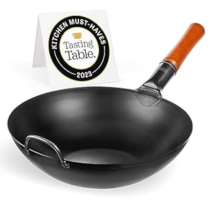 YOSUKATA Carbon Steel Wok Pan – 13,5 “ Stir Fry Pans – Chinese Wok with Flat Bottom Pow Wok – Traditional Japanese Woks – Black Carbon Steel