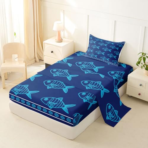 Image of jejeloiu Ocean Fish Bed Sheets Set Twin Size Summer Bed Set Blue Deep Pocket Fitted Sheet Sea Animal Breathable Soft Lightweight Microfiber