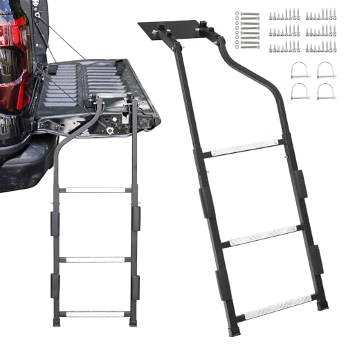 Keplrend Pickup Truck Tailgate Ladder - Universal Truck Bed Ladder Easy Install with Stainless Steel Self Drilling Screws, Aluminum Step Grip Plates & Sturdy Rubber Ladder Feet, Straps and Bumper Pad