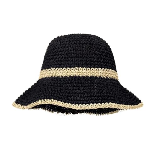 Chapeau de paille noir pliable et anti-UV avec petite fleur pour femme