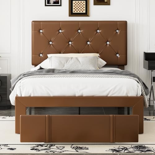 VECELO Twin Size Bed Frame with Storage Drawers, Leather Upholstered with Diamond Tufted Headboard, Solid Wood Slat Support, No Box Spring Needed, PU & Brown