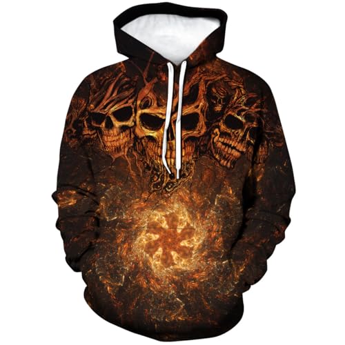 Hehanus Heren schedel bedrukte hoodie nieuwigheid grafisch sweatshirt pullover hoodies, Bruin, M