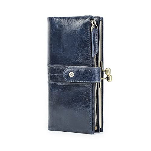 CONTACTS Kiss Lock Wallet for Women Leather Clutch Wallet Vintage Coin Purse RFID Wallet Bifold Blue Card Phone Holder