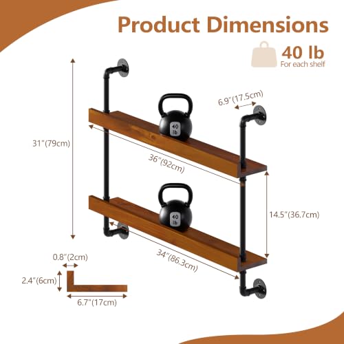 Image of Bar Shelves, Wall Mounted Wine Rack, Walnut Brown, 36 Inch | 2 Tier, Industrial, Solid pine shelves, black pipe brackets, 40 lbs per shelf, wine, liquor, bar decor, with LED light
