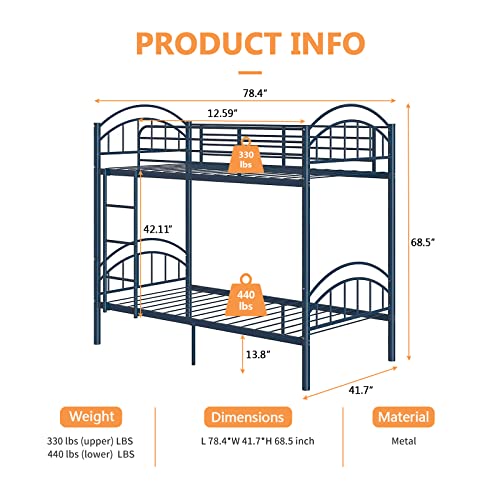 Alohappy Metal Bunk Beds Frame Twin Over Twin, Convertible Into 2 Individual Metal Bed Frame, Removable Ladder & Safety Guard Rail (Blue) #TOP4