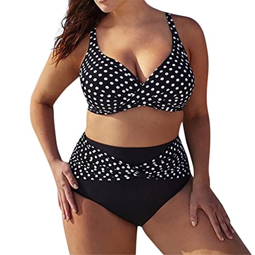 Generico Costumi da Bagno Donna Mare Taglie Forti Vita Alta Costume per Seno Grande Stampa Bikini Due Pezzi Brasiliana Tankini Halter Push Up Curvy Sexy Beachwear Nero 4XL