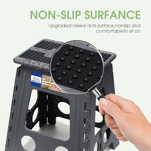 Image of ACKO Folding Step Stool Foldable 16 Inch Stools for Adults and Kids, Plastic Stools Tall 400 lbs Capacity, Collapsible Stool for Kitchen, Stepping Foot Stool with Handle, Dot Grey, 1 PC