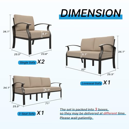 Gotland 7 Seats Outdoor Metal Patio Furniture Set with Thick Cushion Patio Conversation Sectional Sofa Sets-Khaki - Thumbnail 2