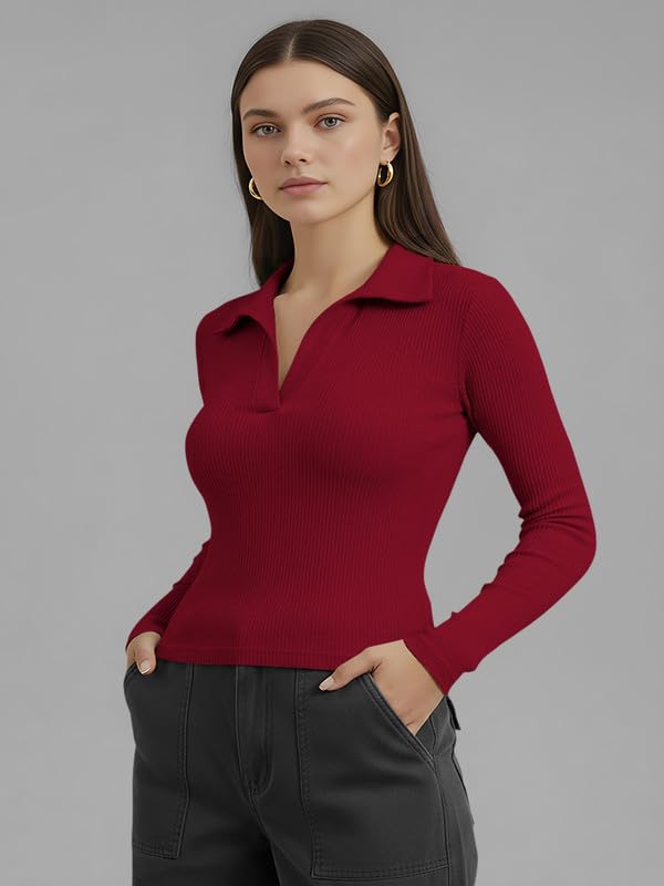 Image of Dream Beauty Fashion Women's Collared Neck Long Sleeve Slim Fit Casual Tee Top for Woman