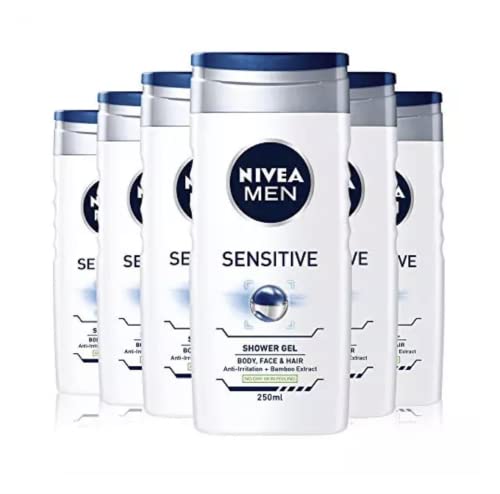 x6 Nivea MEN Shower Gel Body Wash SENSITIVE -Body Face & Hair 250ml Alcohol Free, 250 ml (Pack of 6)
